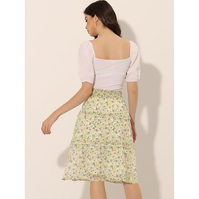 Women's Floral Chiffon Elastic Waist Layer Ruffle Hem Midi Skirt