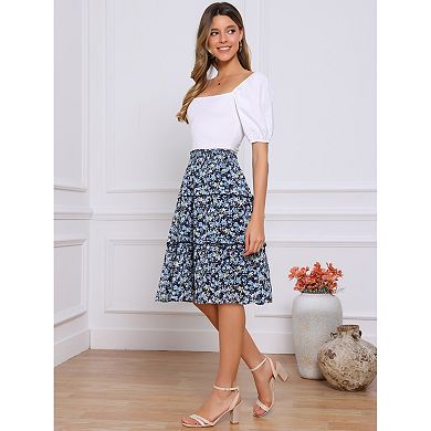 Women's Floral Chiffon Elastic Waist Layer Ruffle Hem Midi Skirt