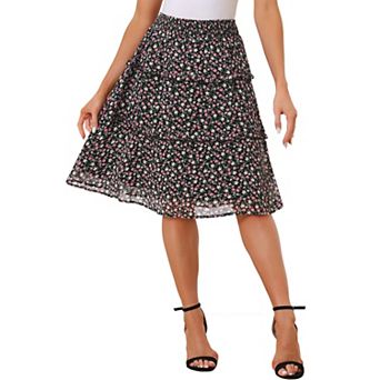 Women's Floral Chiffon Elastic Waist Layer Ruffle Hem Midi Skirt
