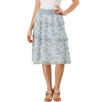 Women's Floral Chiffon Elastic Waist Layer Ruffle Hem Midi Skirt