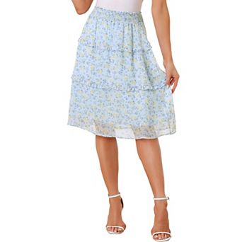 Women's Floral Chiffon Elastic Waist Layer Ruffle Hem Midi Skirt