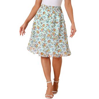 Women's Floral Chiffon Elastic Waist Layer Ruffle Hem Midi Skirt