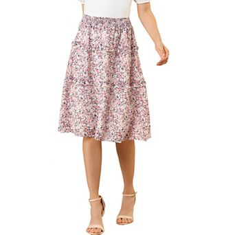 Women's Floral Chiffon Elastic Waist Layer Ruffle Hem Midi Skirt
