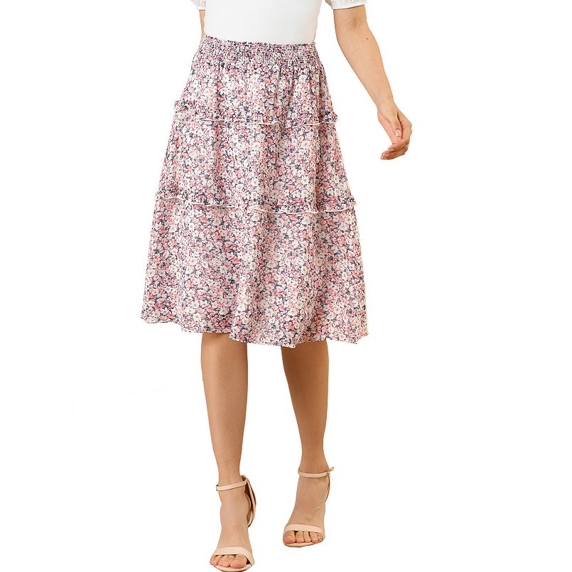 Women's Floral Chiffon Elastic Waist Layer Ruffle Hem Midi Skirt
