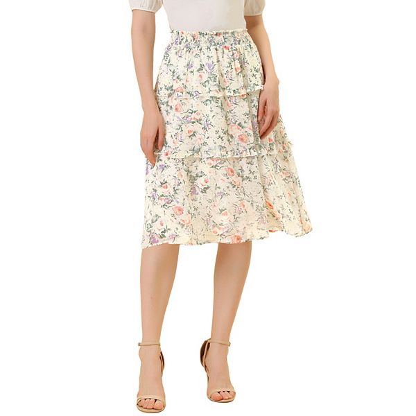 Women's Floral Chiffon Elastic Waist Layer Ruffle Hem Midi Skirt