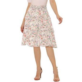 Women's Floral Chiffon Elastic Waist Layer Ruffle Hem Midi Skirt