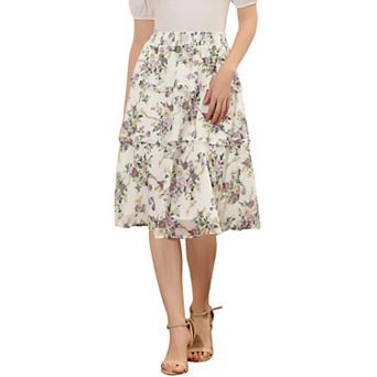 Women's Floral Chiffon Elastic Waist Layer Ruffle Hem Midi Skirt