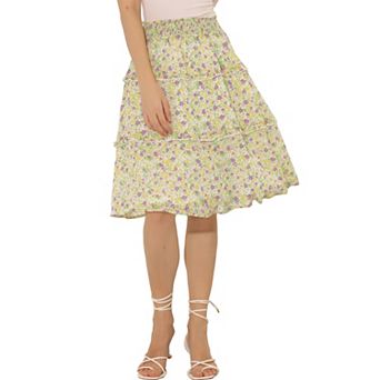 Women's Floral Chiffon Elastic Waist Layer Ruffle Hem Midi Skirt