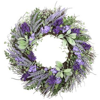 24" Mixed Lavender/Larkspur Purple and Green Floral Wreath with Natural Grapevine Base