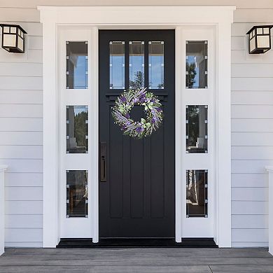 24" Mixed Lavender/Larkspur Purple and Green Floral Wreath with Natural Grapevine Base