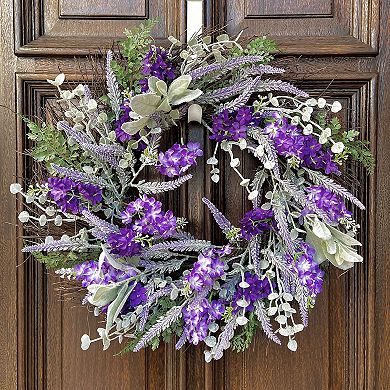24" Mixed Lavender/Larkspur Purple and Green Floral Wreath with Natural Grapevine Base