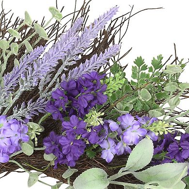 24" Mixed Lavender/Larkspur Purple and Green Floral Wreath with Natural Grapevine Base