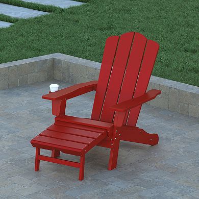 Emma and Oliver Tiverton Adirondack Chair with Cup Holder and Pull Out Ottoman, All-Weather HDPE Indoor/Outdoor Lounge Chair