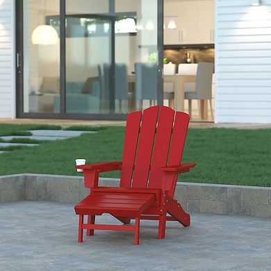 Emma and Oliver Tiverton Adirondack Chair with Cup Holder and Pull Out Ottoman, All-Weather HDPE Indoor/Outdoor Lounge Chair