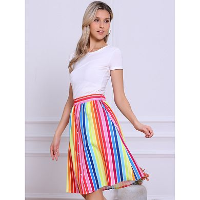 Women's Stripes Button Front Elastic Back A Line Midi Skirt