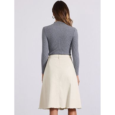 Women's Denim Skirt Raw Hem Button Down A-Line Midi Jeans Skirts