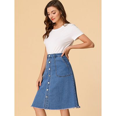 Denim Raw Hem Button Down Midi Jeans Skirt Gray Blue M
