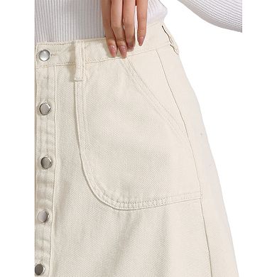 Women's Denim Skirt Raw Hem Button Down A-Line Midi Jeans Skirts