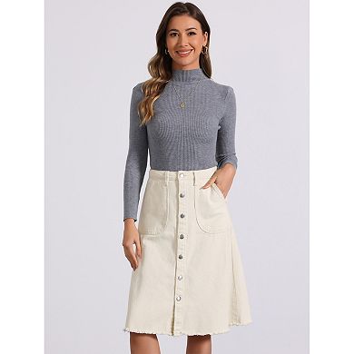Women's Denim Skirt Raw Hem Button Down A-Line Midi Jeans Skirts