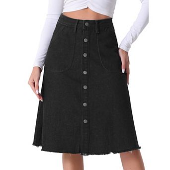 Women's Denim Skirt Raw Hem Button Down A-Line Midi Jeans Skirts