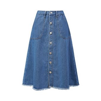 Women's Denim Skirt Raw Hem Button Down A-Line Midi Jeans Skirts