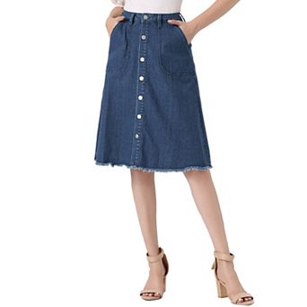 Women's Denim Skirt Raw Hem Button Down A-Line Midi Jeans Skirts