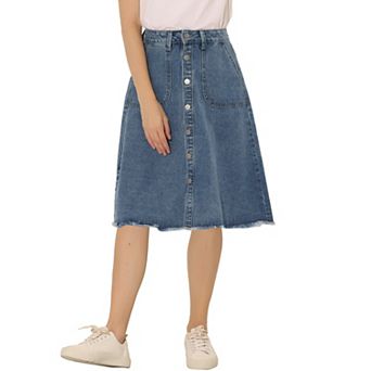 Women's Denim Skirt Raw Hem Button Down A-Line Midi Jeans Skirts