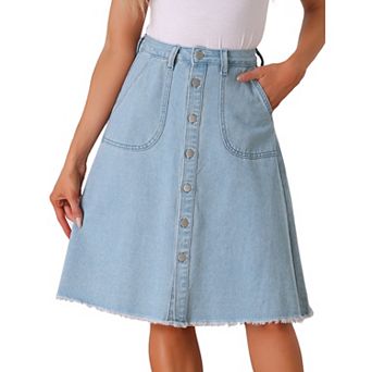 Women's Denim Skirt Raw Hem Button Down A-Line Midi Jeans Skirts