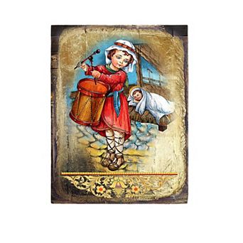 G.Debrekht Drummer Boy Wooden Gold Plated Religious Christian Sacred Icon Inspirational Icon Décor