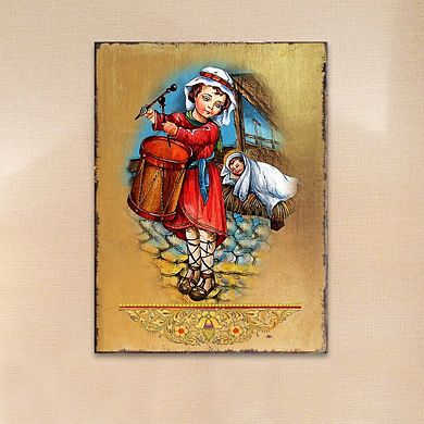 G.Debrekht Drummer Boy Wooden Gold Plated Religious Christian Sacred Icon Inspirational Icon Décor