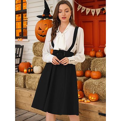 Women's Retro Elastic Waist Braces Suspender Pleated Midi Skirt