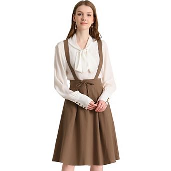 Women's Retro Elastic Waist Braces Suspender Pleated Midi Skirt