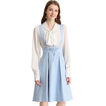 Women's Retro Elastic Waist Braces Suspender Pleated Midi Skirt