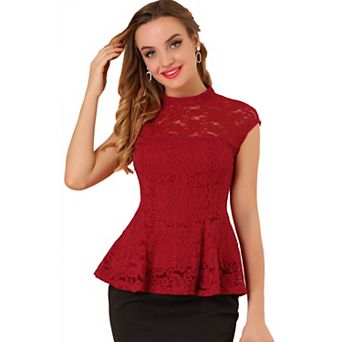 Women's Lace Floral Crochet Round Neck Sleeveless Peplum Blouse Top