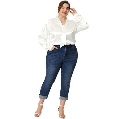 Plus Size Blouse for Women Work Office Tie Neck Satin Top Blouses