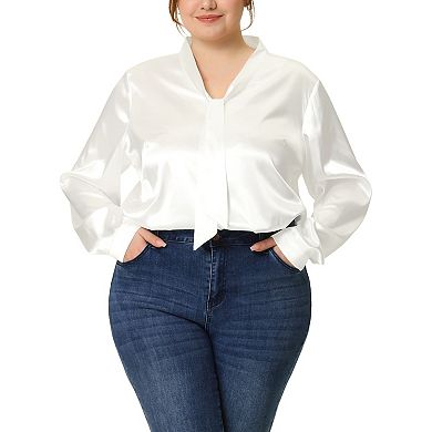 Plus Size Blouse for Women Work Office Tie Neck Satin Top Blouses