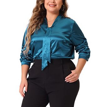 Plus Size Blouse for Women Work Office Tie Neck Satin Top Blouses
