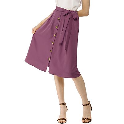 Women s Button Front Elastic High Waist Belted Knee Length Skirt