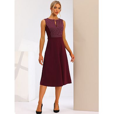 Women's Striped Crew Neck Sleeveless A-Line Midi Work Office Dress