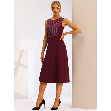 Women's Striped Crew Neck Sleeveless A-Line Midi Work Office Dress