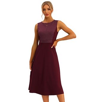 Women's Striped Crew Neck Sleeveless A-Line Midi Work Office Dress