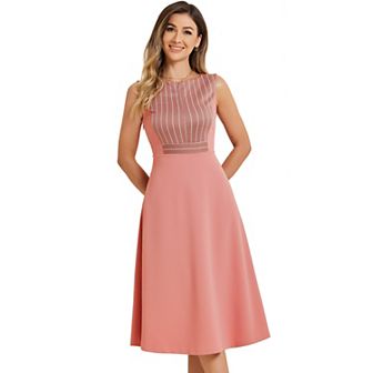 Women's Striped Crew Neck Sleeveless A-Line Midi Work Office Dress