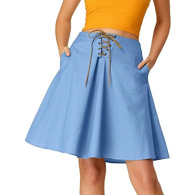 Women's Lace-up Knee Length Flared Pleated Denim Jean Skirts