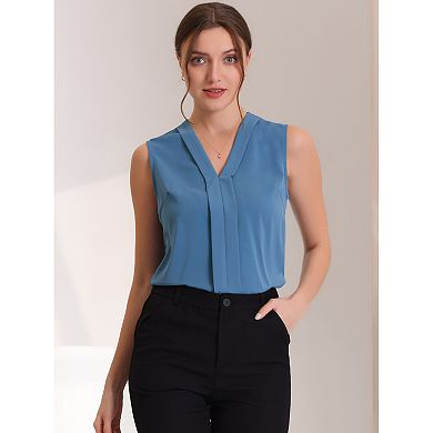 Women's Sleeveless Pleated Front V Neck Work Office Blouses
