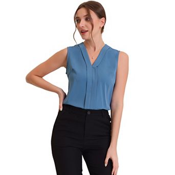 Women's Sleeveless Pleated Front V Neck Work Office Blouses