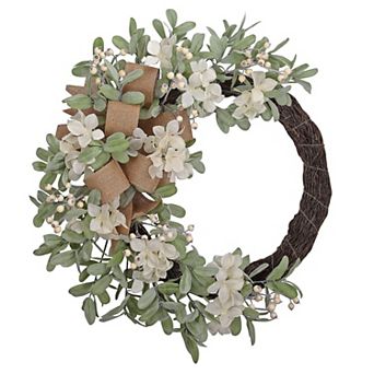 28" Hydrangea Wreath with White Berries, Lamb’s Ear & Burlap Bow and Natural Grapevine Base