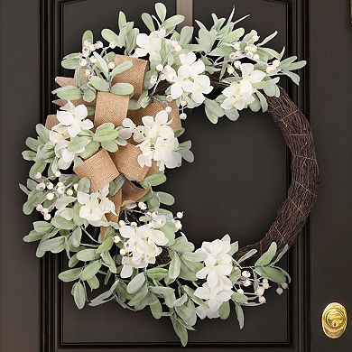 28" Hydrangea Wreath with White Berries, Lamb’s Ear & Burlap Bow and Natural Grapevine Base
