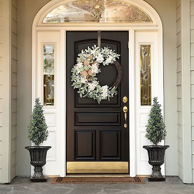 28" Hydrangea Wreath with White Berries, Lamb’s Ear & Burlap Bow and Natural Grapevine Base