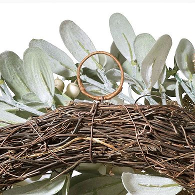 28" Hydrangea Wreath with White Berries, Lamb’s Ear & Burlap Bow and Natural Grapevine Base