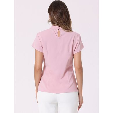 Work Top for Women's Stand Collar Cap Sleeve Keyhole Back Elegant Business Blouse